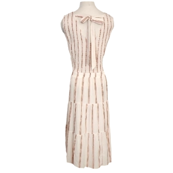 Wonderly Dress Cotton Striped Midi Smocked Bodice & Back Tie Neck Cream Size XL - Picture 13 of 14